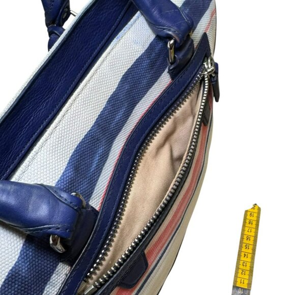 Coach Stripe Canvas & Navy Leather Satchel Tote – Tassel Bag Zip Pocket – Large - Picture 13 of 13